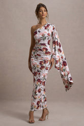 Cream Floral Print Asymmetric Cape Sleeve Maxi Dress